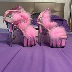 Pleaser Adore 724F Pink Marabou Platform Heels Sandal